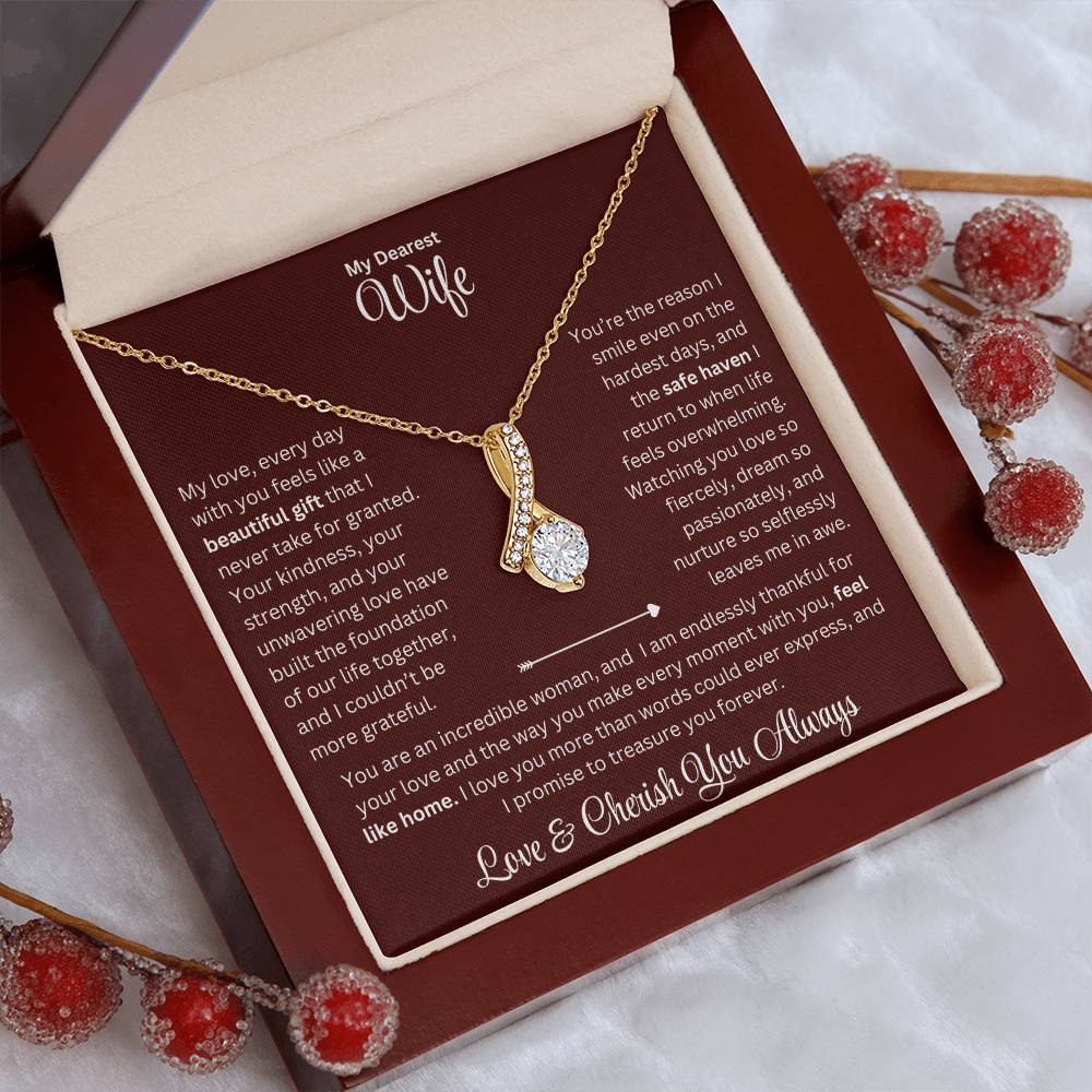 Wife gift with alluring beauty necklace and special sentiment in a alluring beauty necklace with props