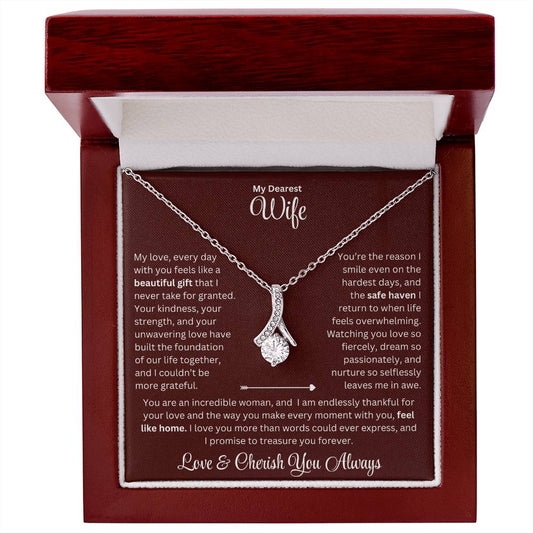 Wife gift with alluring beauty necklace and special sentiment in a luxury box