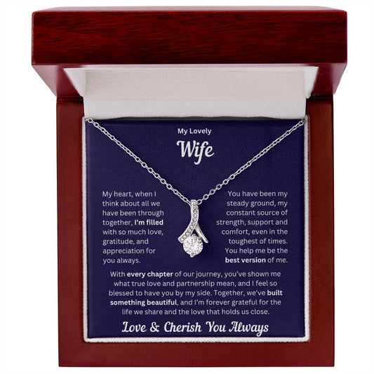 Wife gift with alluring necklace and special message in a luxury box