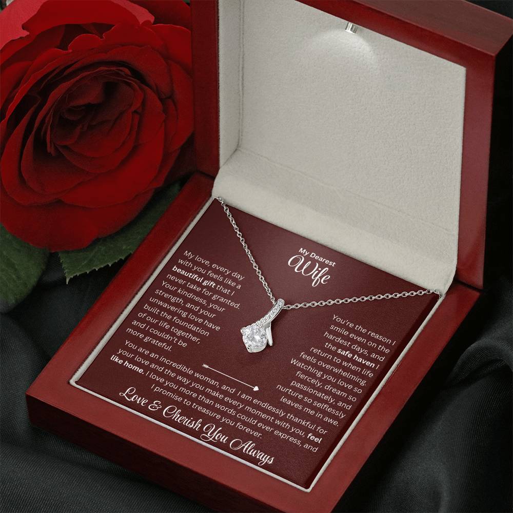 Wife gift with alluring beauty necklace and special sentiment in a luxury box with LED on