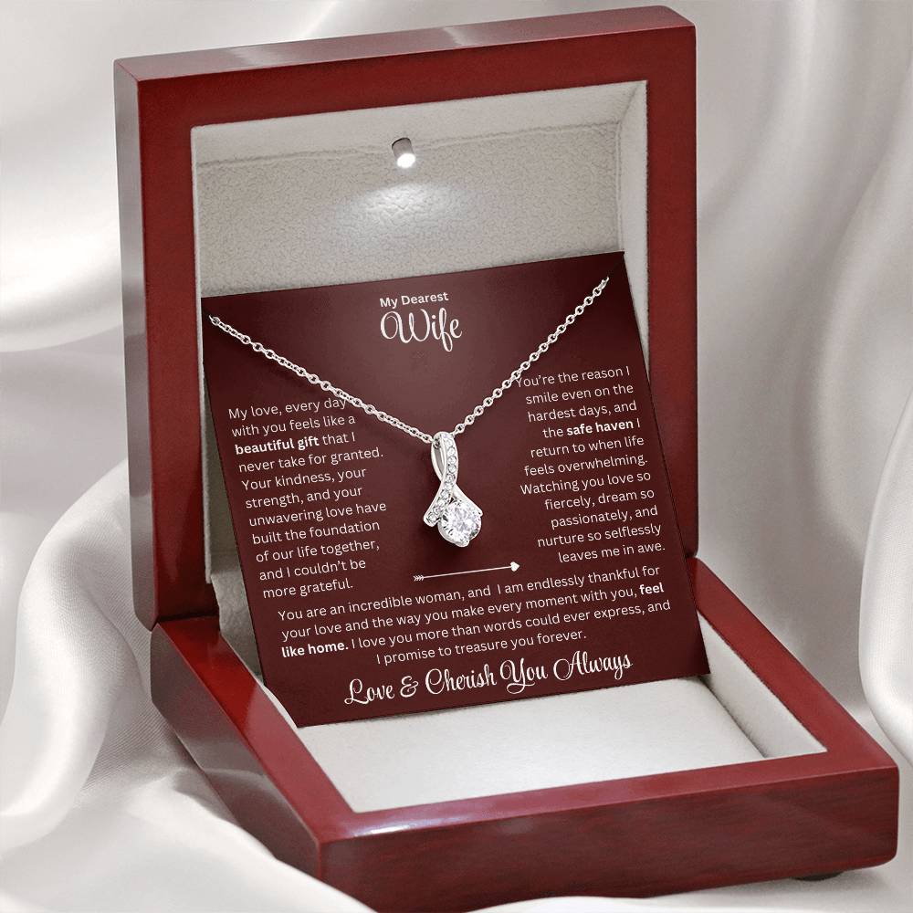 Wife gift with alluring beauty necklace and special sentiment in a luxury box with LED on