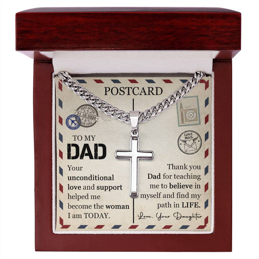 Dad Gift From Daughter WIth Artisan Stainless Steel Cross On Cuban Chain With Option to Personalize On Back Of Cross WIth Message  In Luxury Box WIth LED