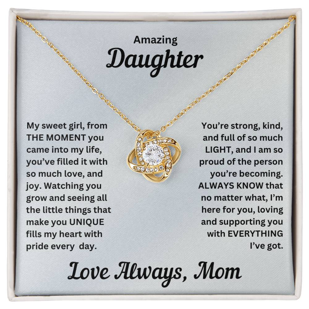 Daughter gift from mom with love knot necklace and special message in standard box