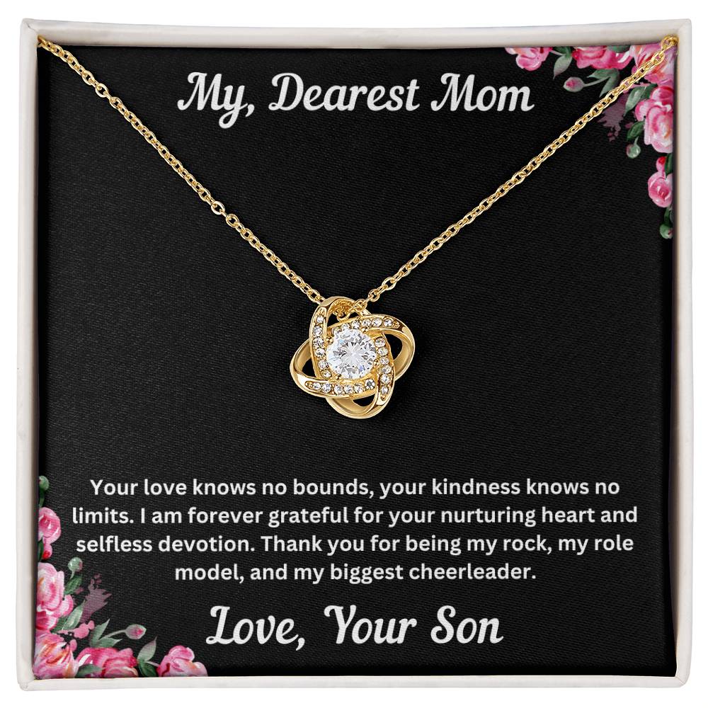 Mom gift from son with love knot necklace and special necklace in two tone box