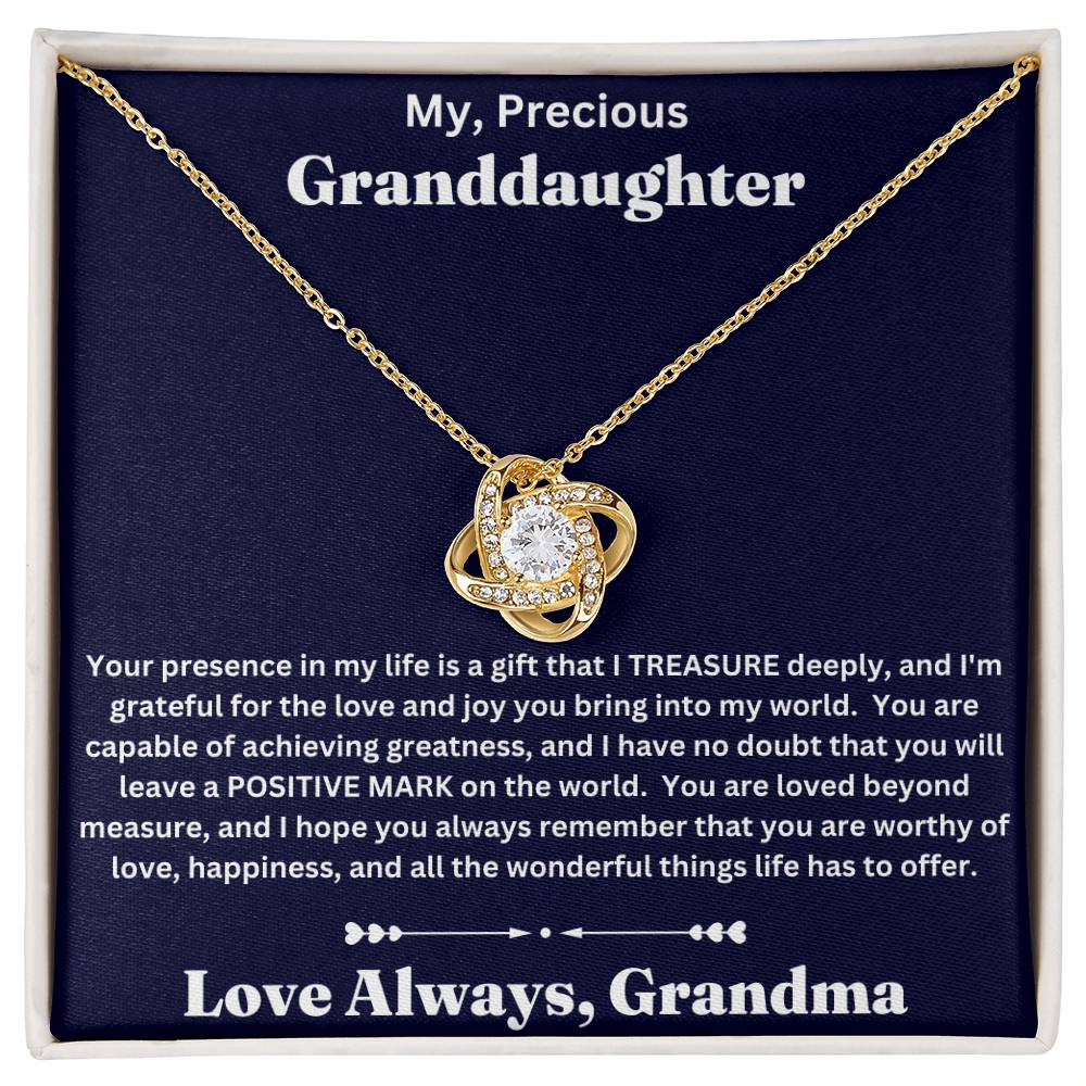 Granddaughter gift from Grandma with love knot necklace and special message in standard box