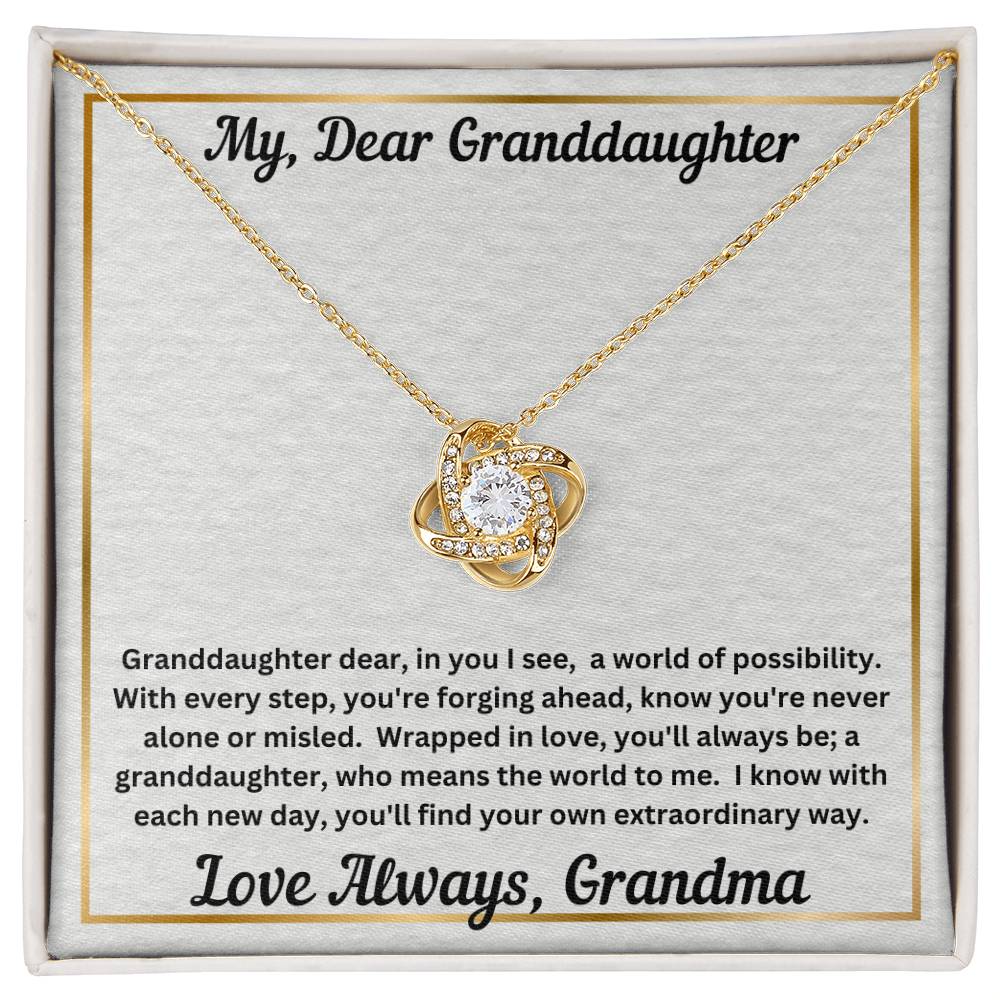 Granddaughter gift from grandma with love knot necklace and special message in two tone box