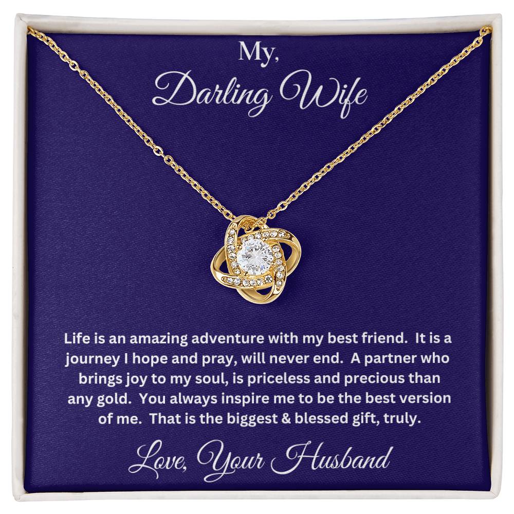 Wife gift with love knot necklace and message in two tone box