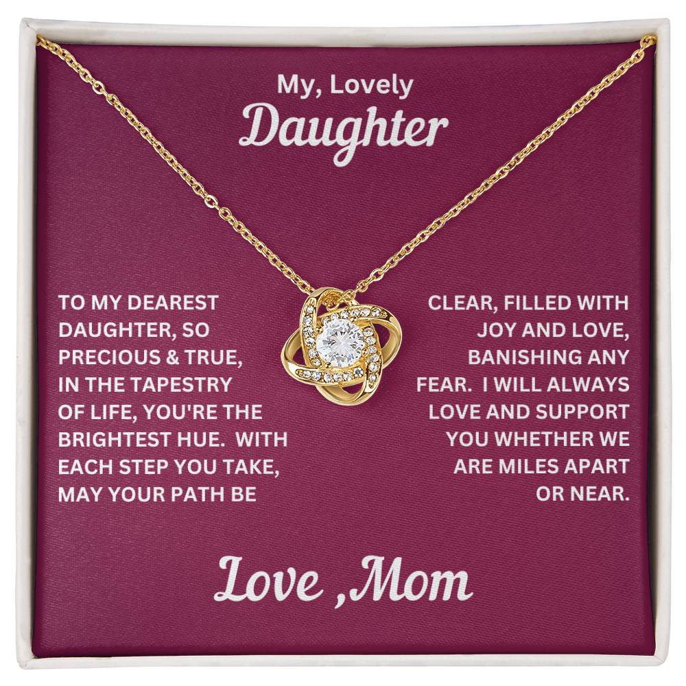 Daughter gift from mom with love knot necklace and special message in two tone box