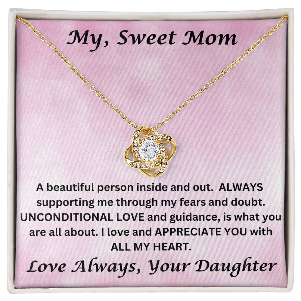 Mom gift from daughter with love knot necklace and special message in two tone box