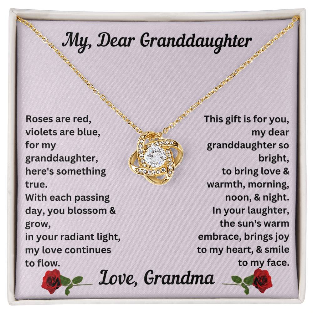 Granddaughter gift from grandma with love knot necklace with special message in two tone box