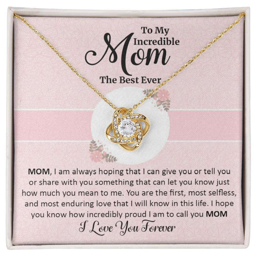 Gift for mom with love knot necklace and special message in two tone box