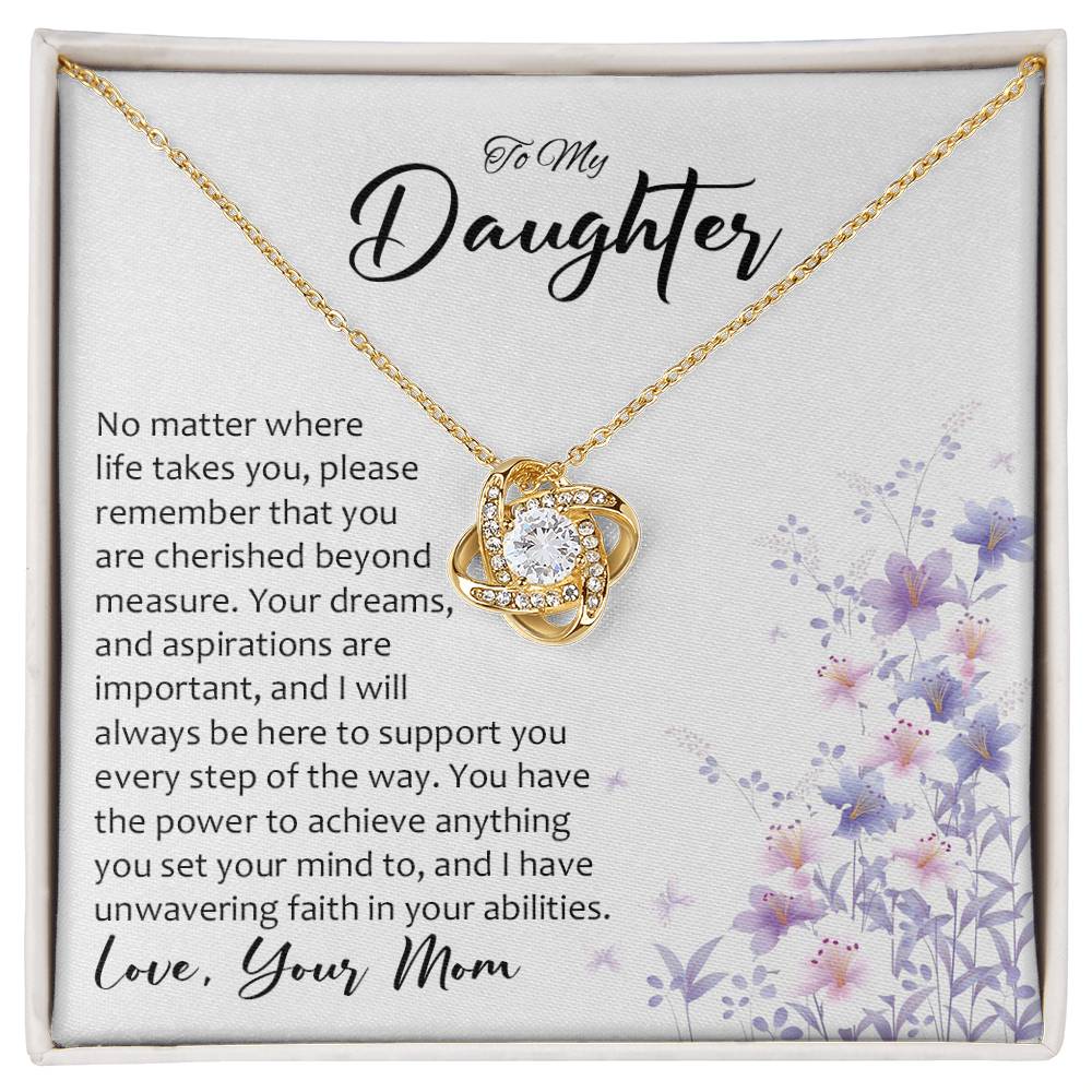 Daughter gift from mom with love knot necklace with special message in two tone box