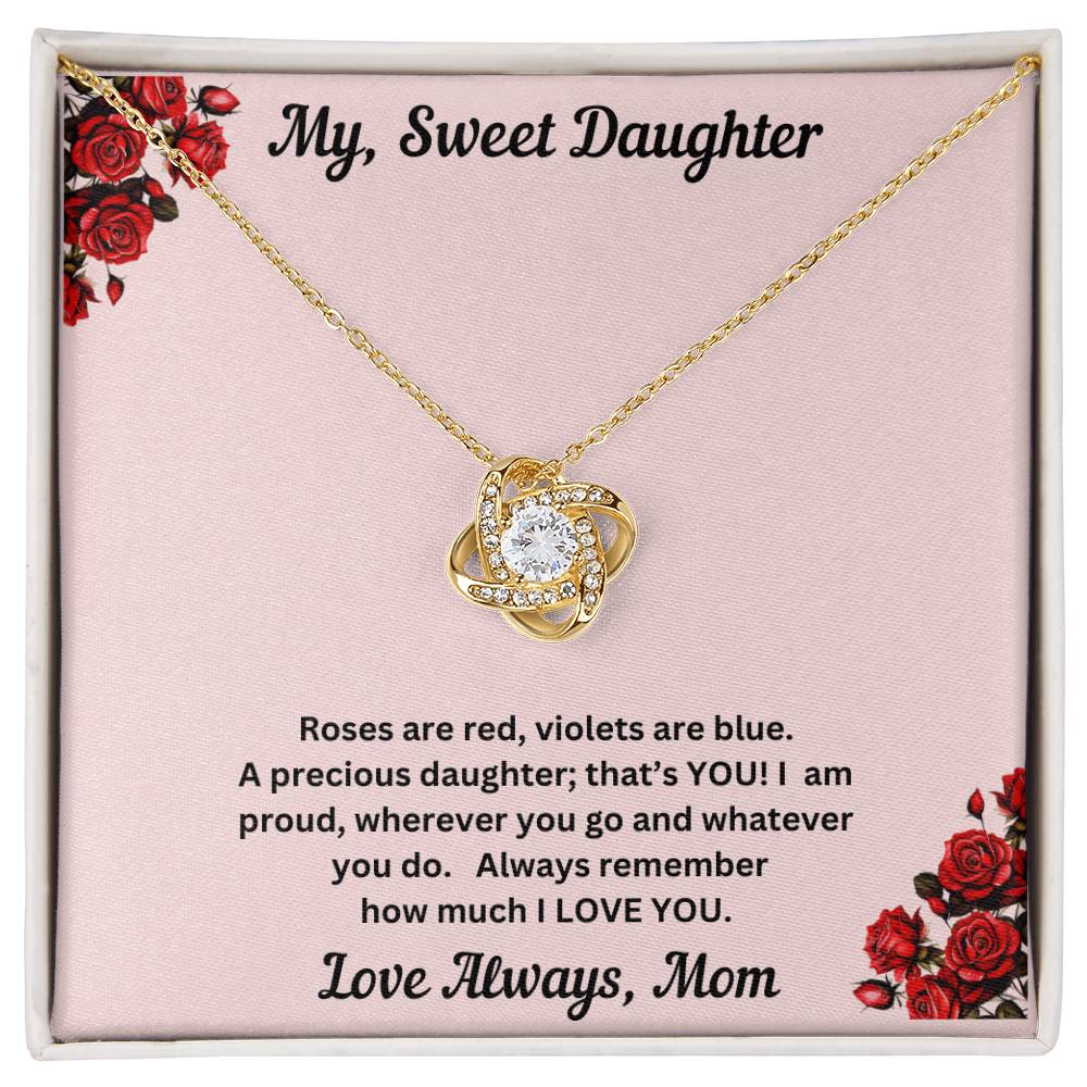 Daughter gift from mom with love knot necklace and special message in two tone box