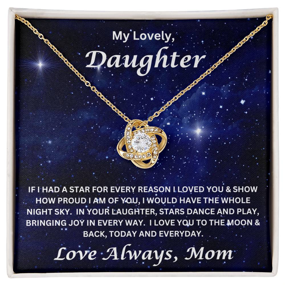 Daughter gift from mom with love knot necklace and special message in two tone box