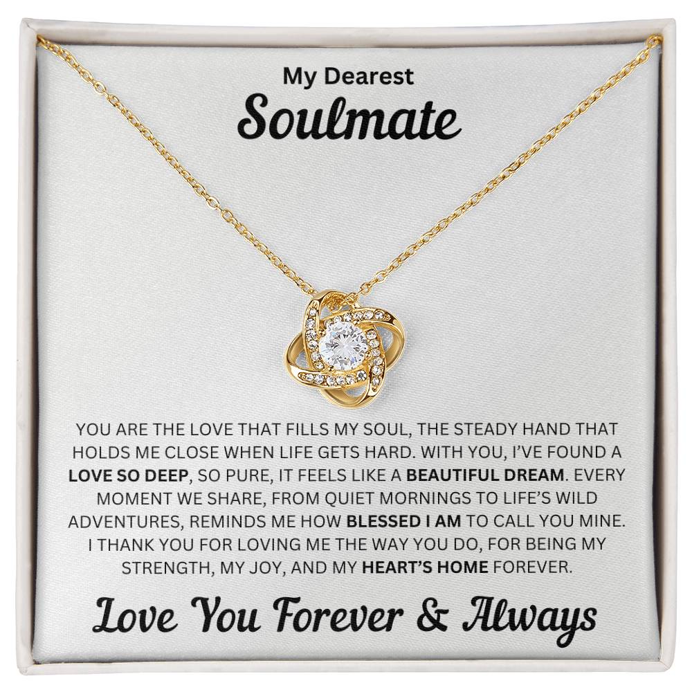 Soulmate gift with love knot necklace and special message in a standard box