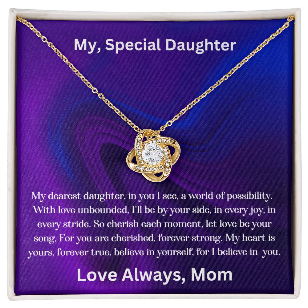 Daughter gift from mom with the love knot necklace and special message in two tone box