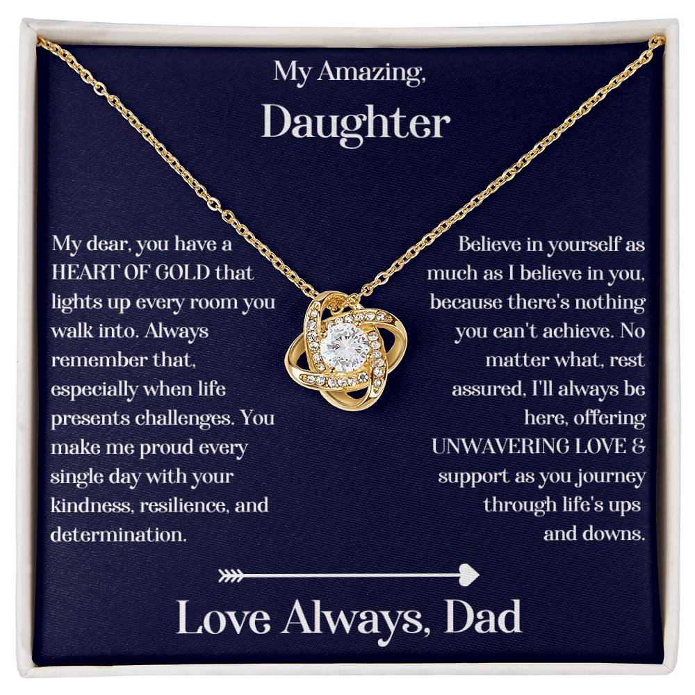 Daughter gift from dad with love knot necklace and special sentiment in a standard box