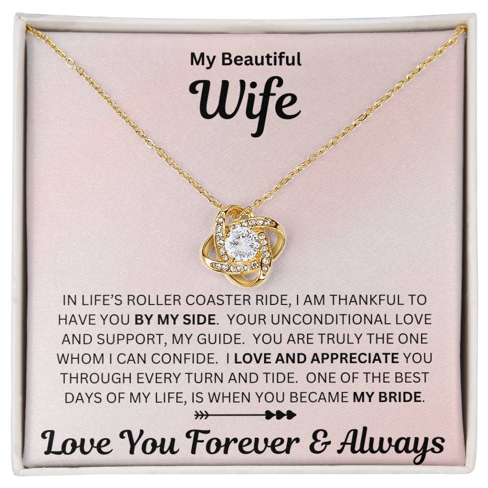 Wife gift with love knot necklace and special sentiment in a standard box