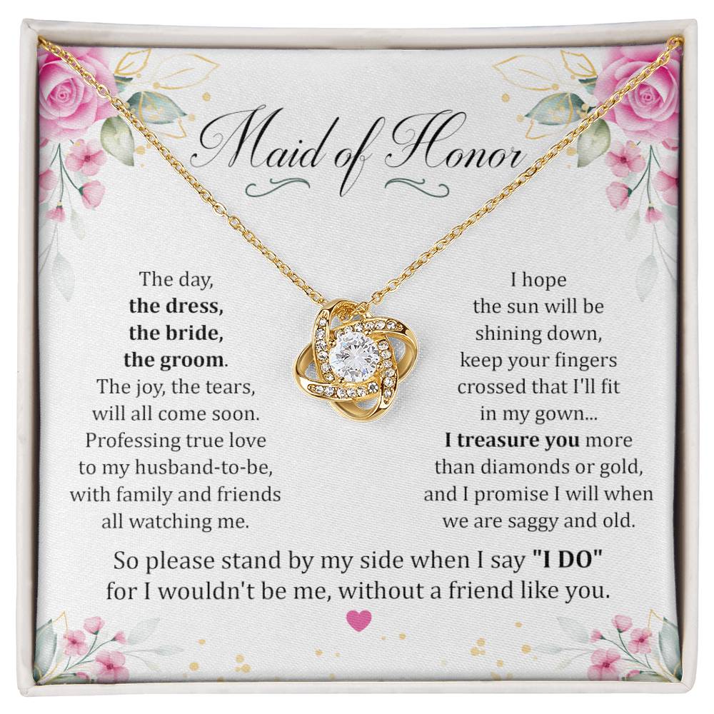 Maid Of Honor gift with love knot necklace and special message in two tone box