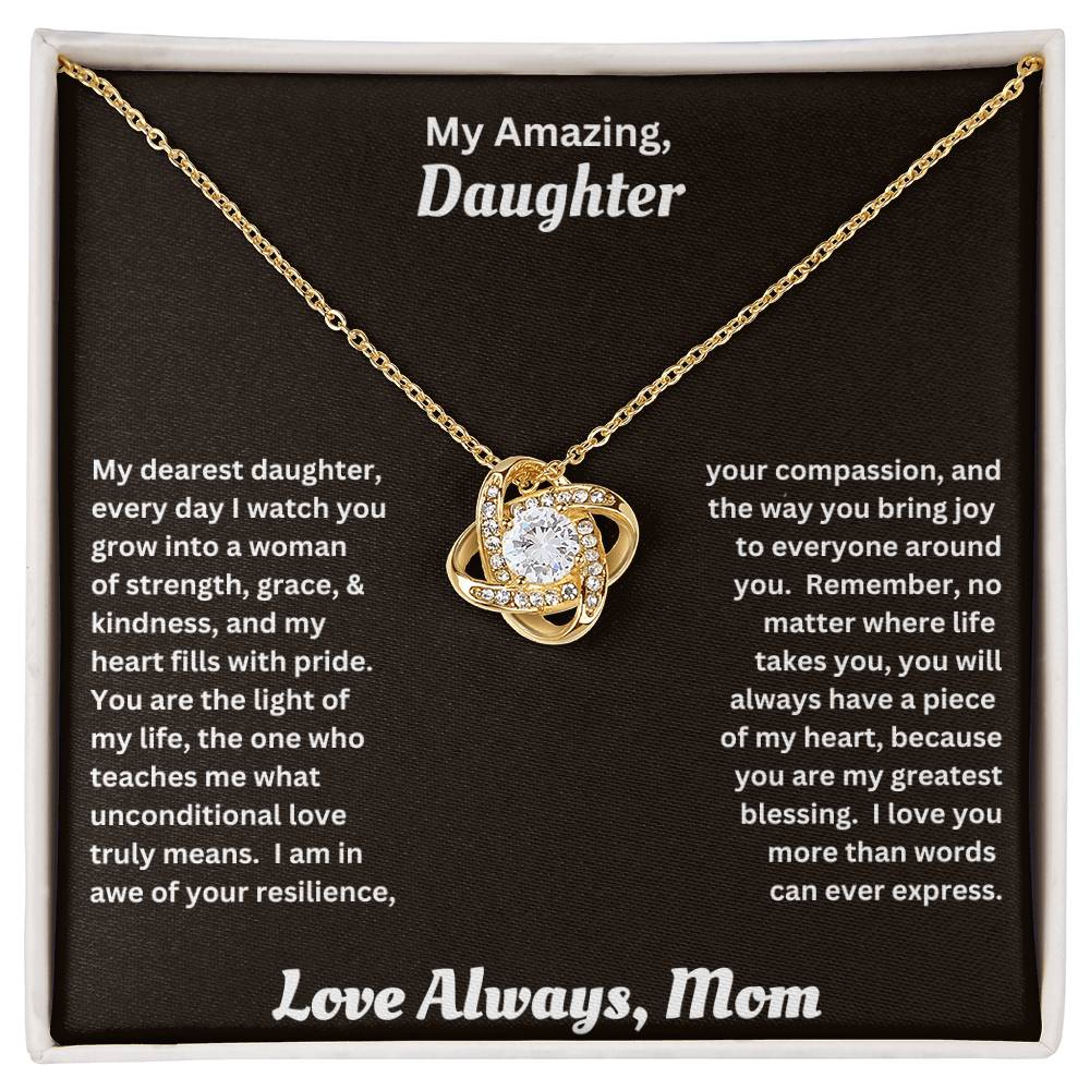 Daughter gift from mom wit love knot necklace and special message in standard box