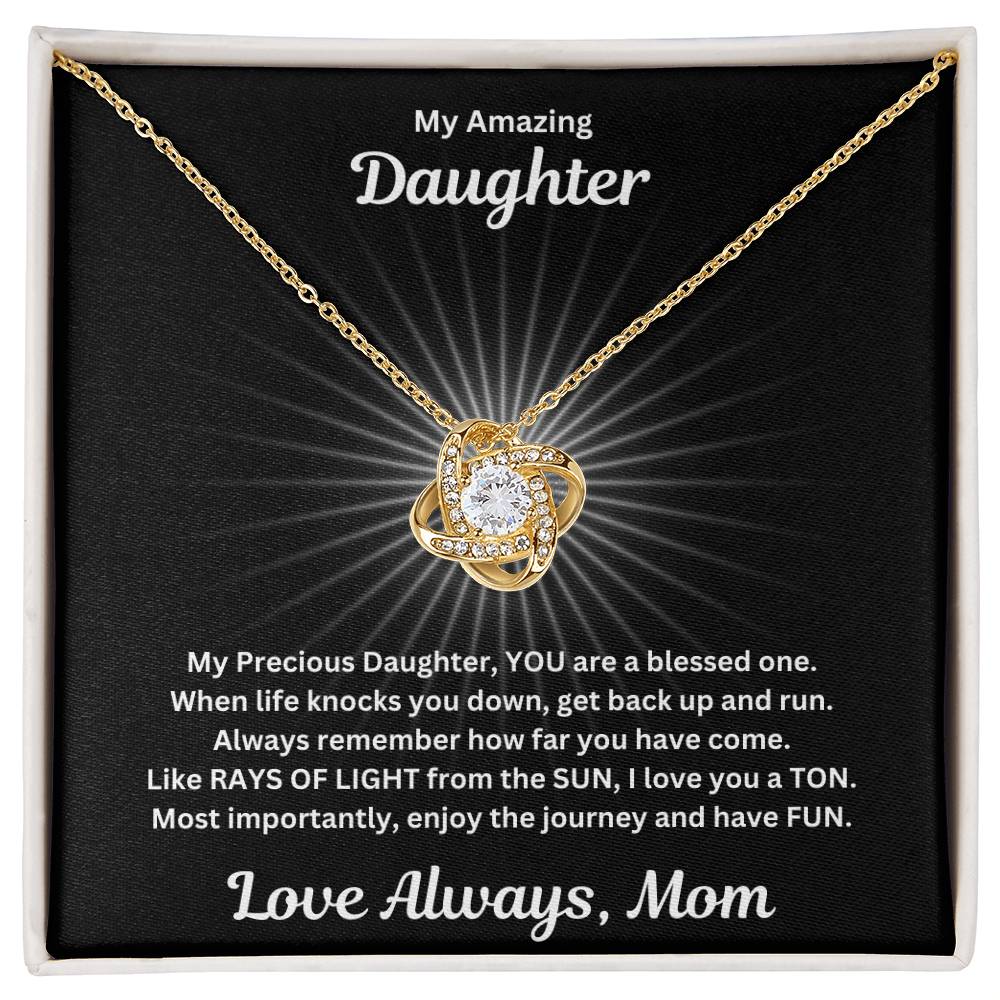 Daughter gift from mom with beautiful love knot necklace and special message in a standard box