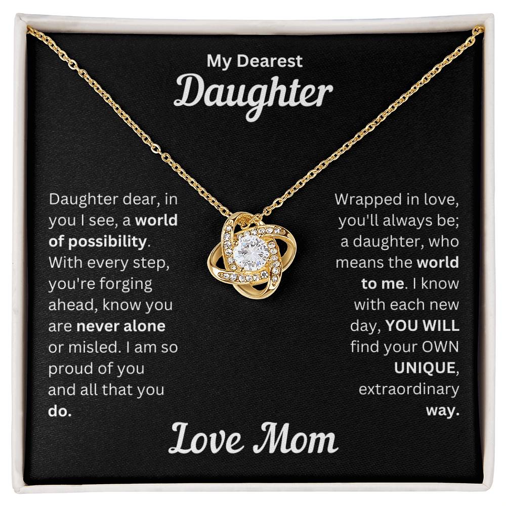 Daughter gift from mom with love knot necklace and special message in a standard box