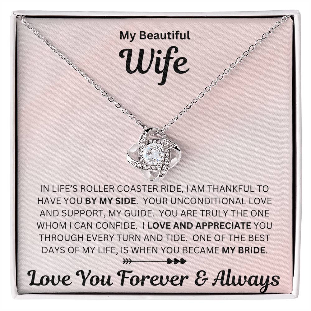 Wife gift with love knot necklace and special sentiment in a standard box