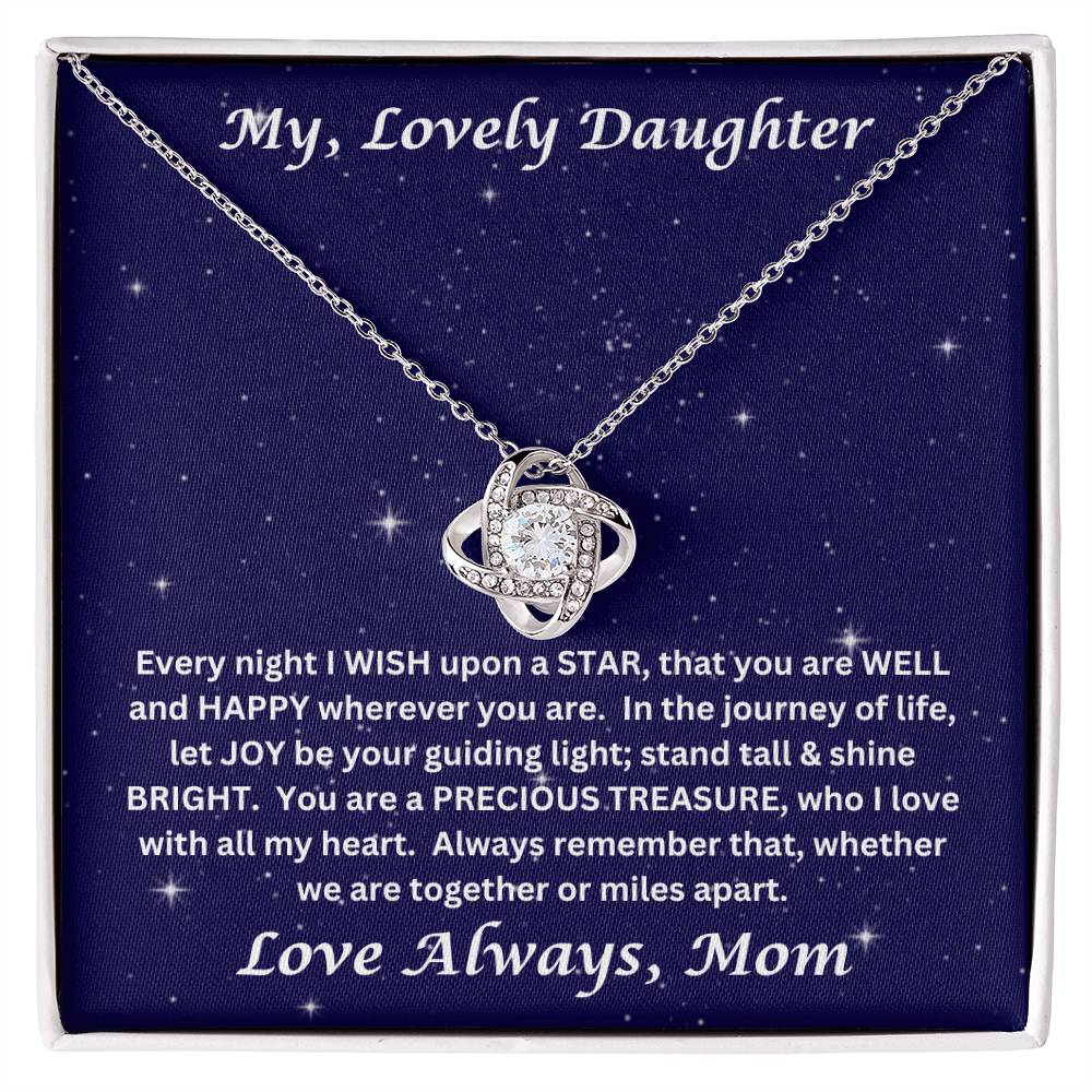 Daughter gift from mom with love knot necklace with special message in two tone box