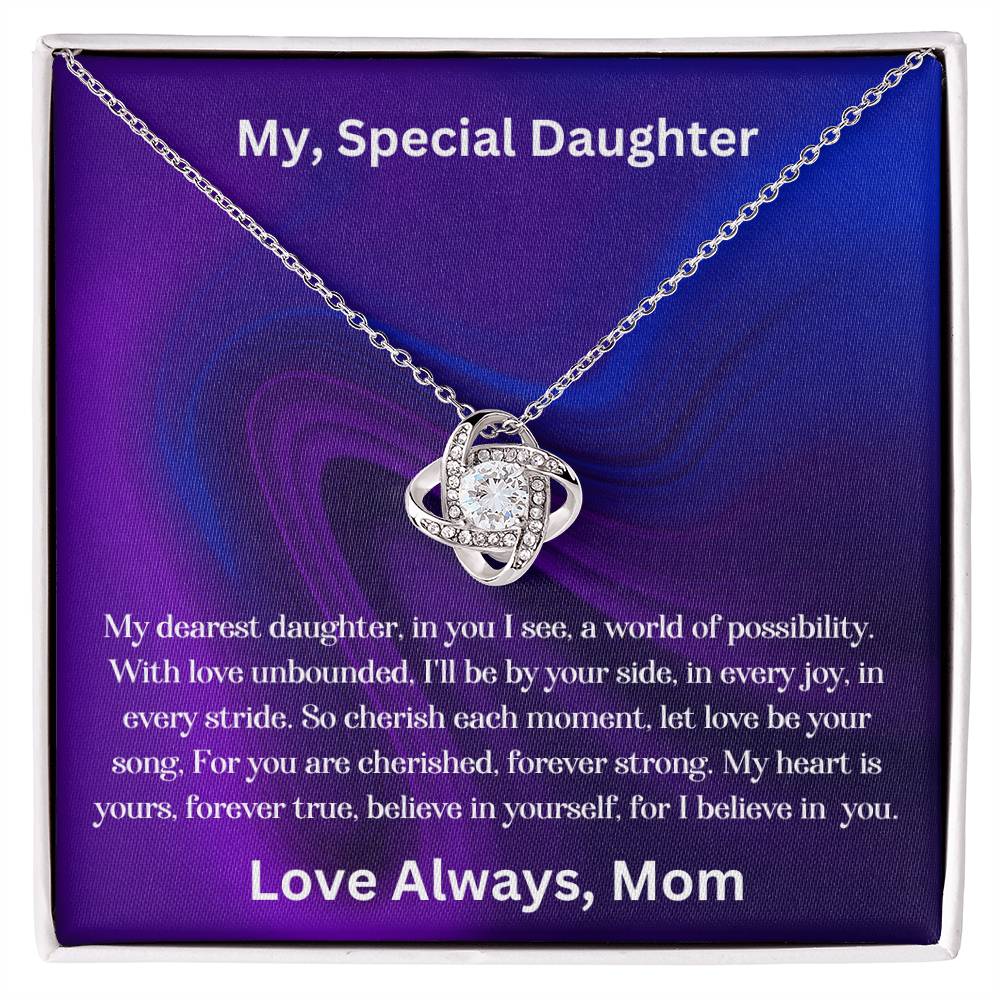 Daughter gift from mom with the love knot necklace and special message in two tone box