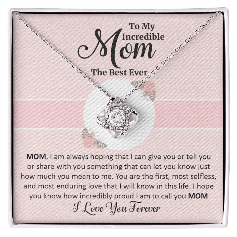 Gift for mom with love knot necklace and special message in two tone box