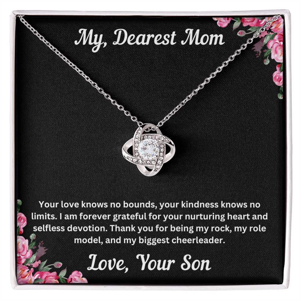 Mom gift from son with love knot necklace and special necklace in two tone box