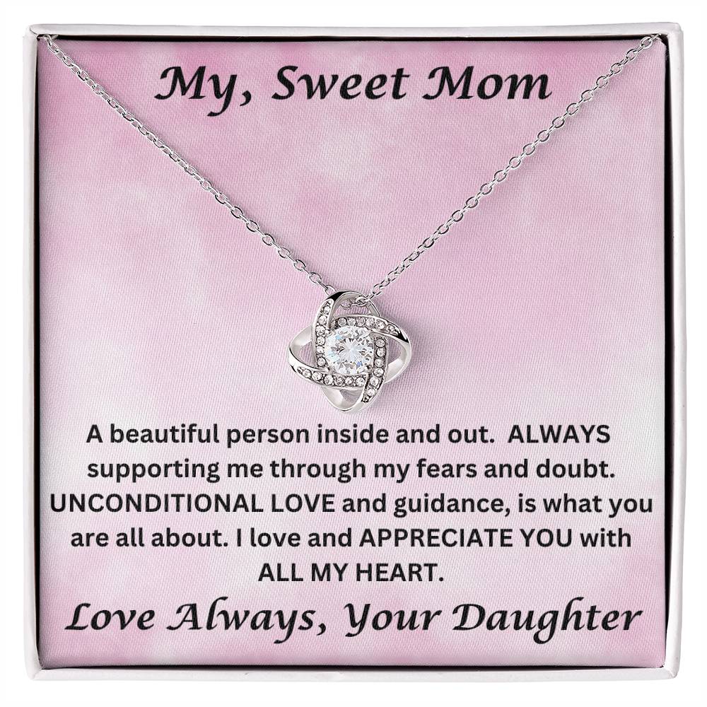 Mom gift from daughter with love knot necklace and special message in two tone box