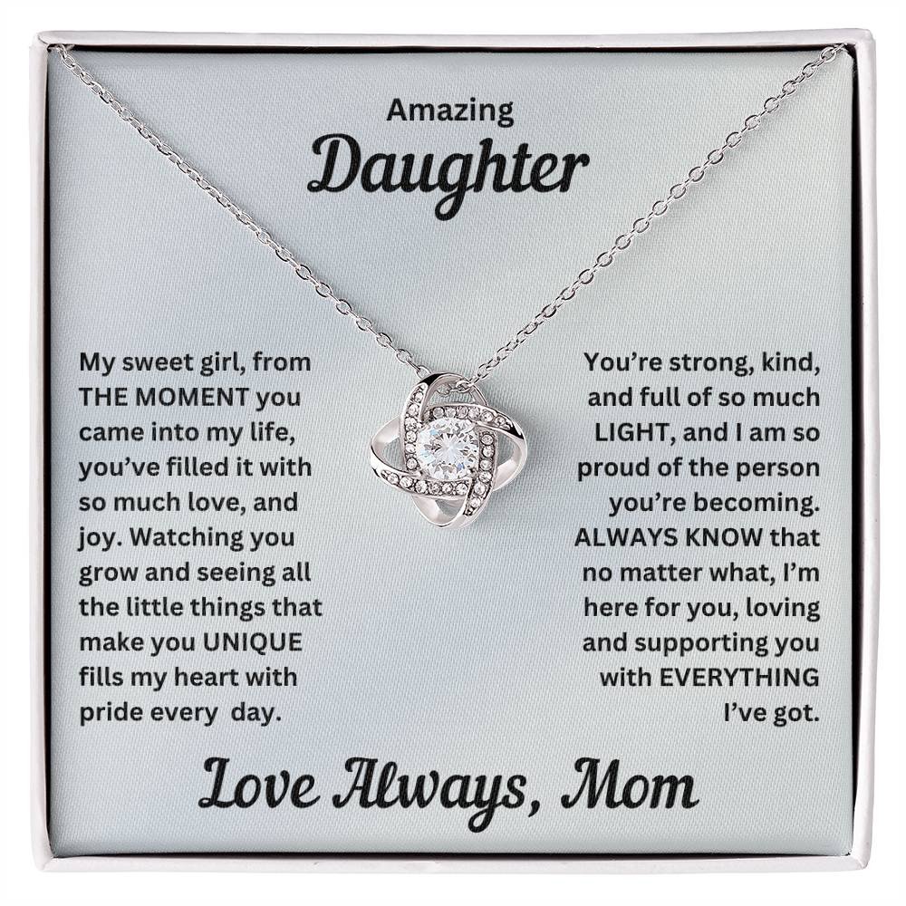 Daughter gift from mom with love knot necklace and special message in standard box