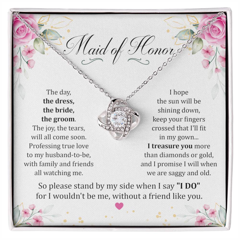 Maid Of Honor gift with love knot necklace and special message in two tone box