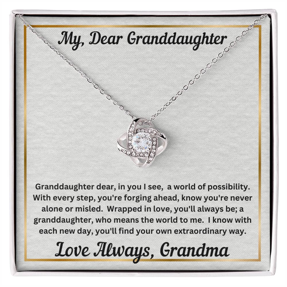 Granddaughter gift from grandma with love knot necklace and special message in two tone box