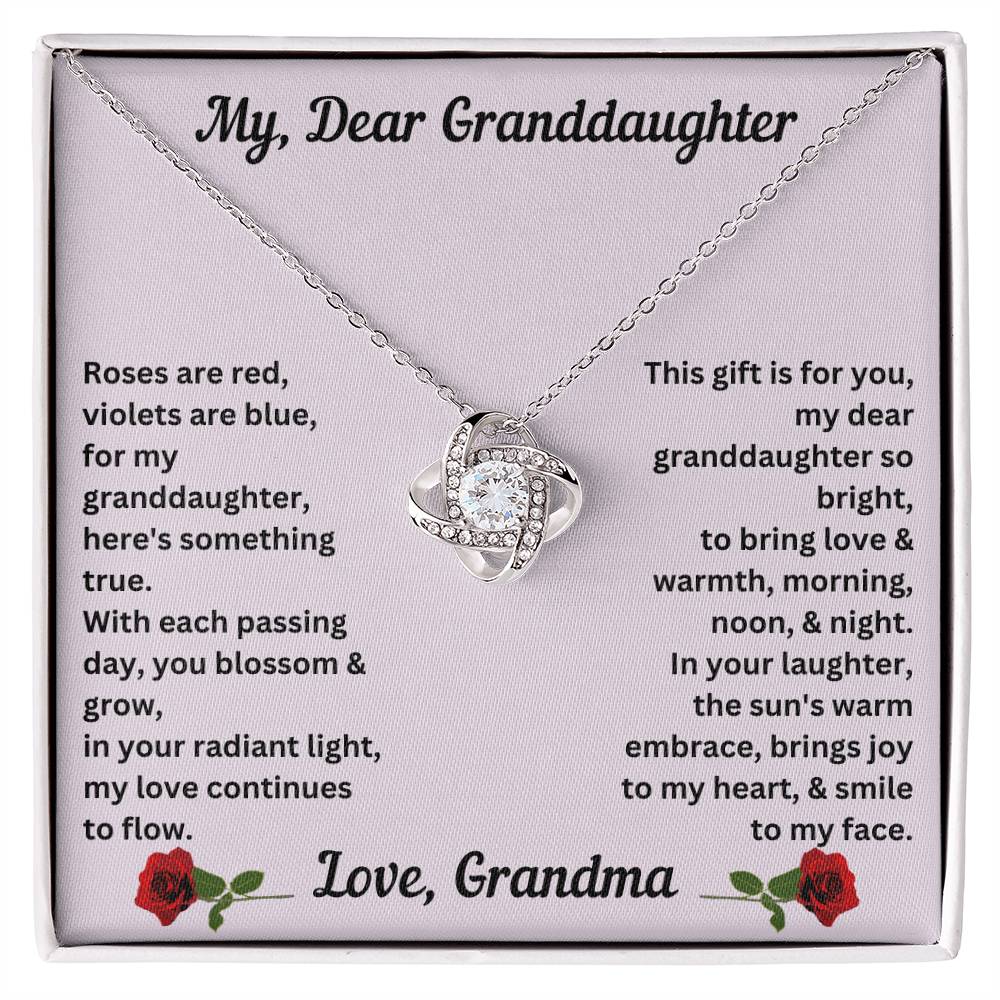 Granddaughter gift from grandma with love knot necklace with special message in two tone box