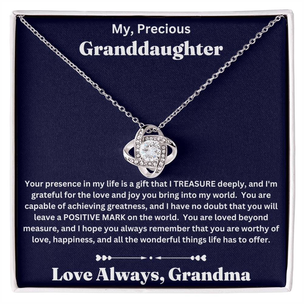 Granddaughter gift from Grandma with love knot necklace and special message in standard box