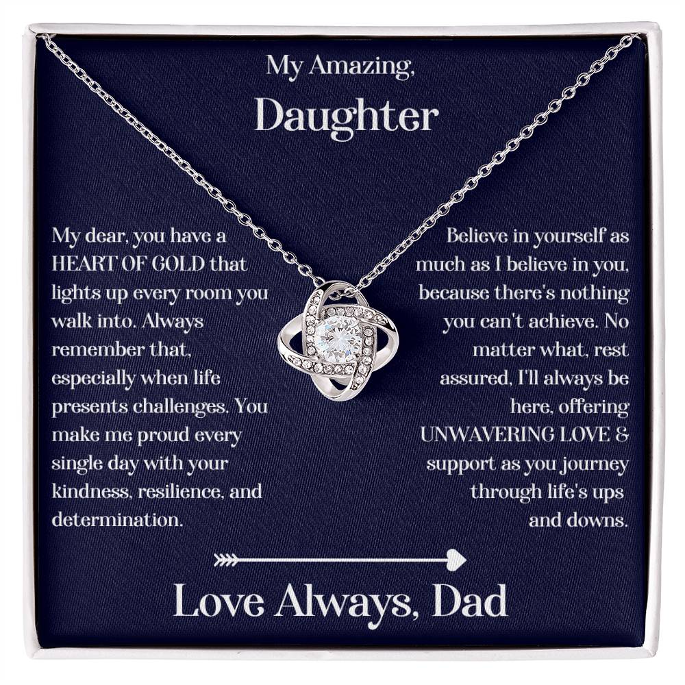 Daughter gift from dad with love knot necklace and special sentiment in a standard box