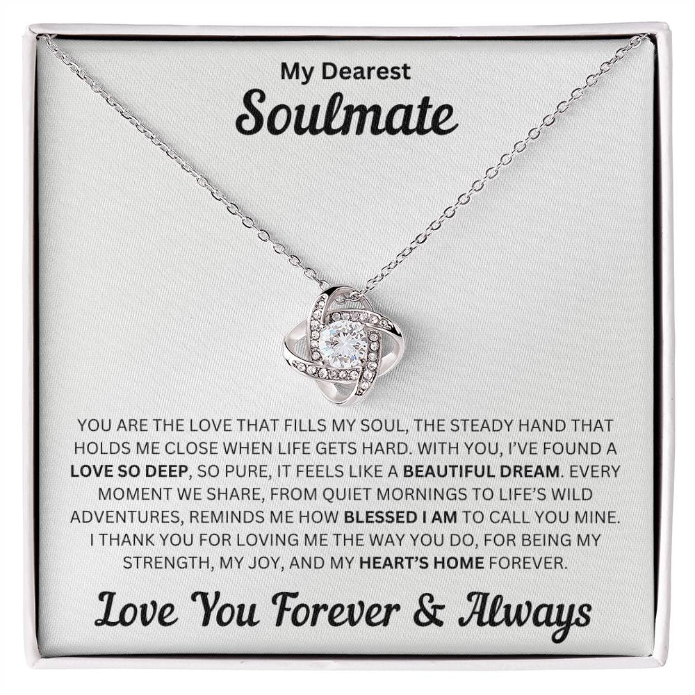 Soulmate gift with love knot necklace and special message in a standard box