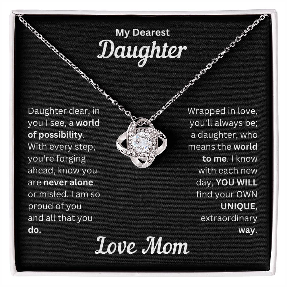 Daughter gift from mom with love knot necklace and special message in a standard box