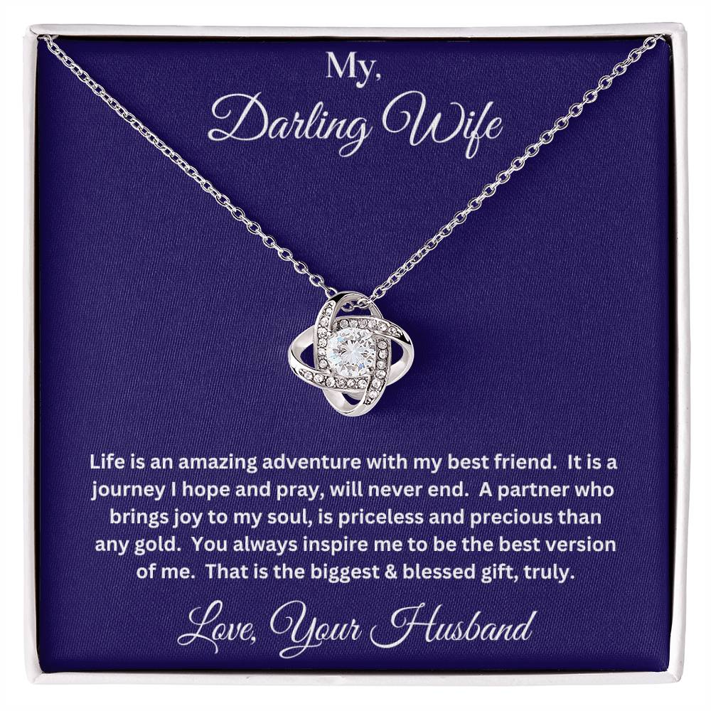 Wife gift with love knot necklace and message in two tone box