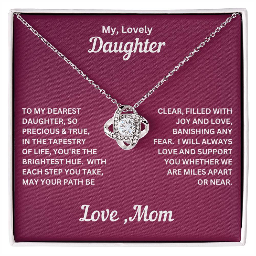 Daughter gift from mom with love knot necklace and special message in two tone box