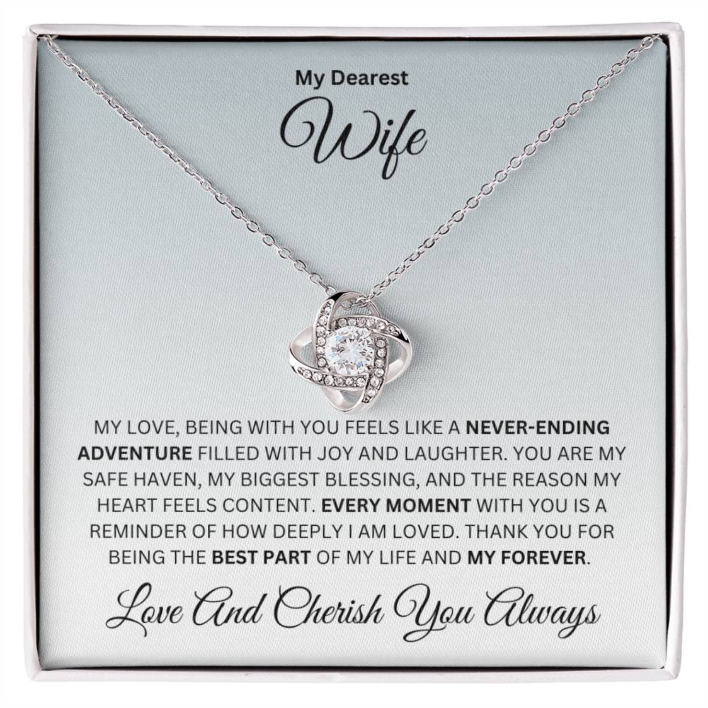 Wife gift with love knot necklace and special heart warming sentiment in a standard box