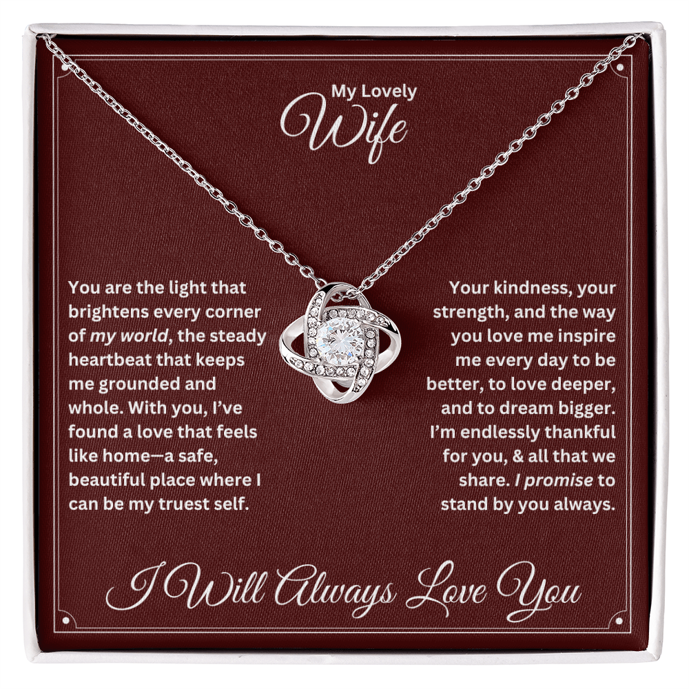 Wife gift with love knot necklace and special message in a standard box