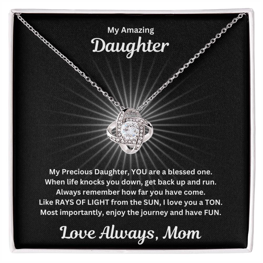 Daughter gift from mom with beautiful love knot necklace and special message in a standard box