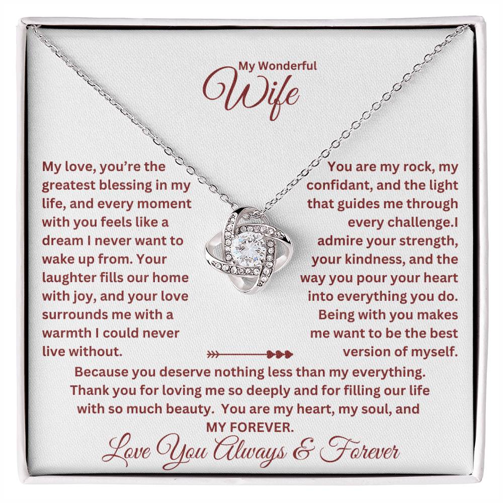 Wife Gift with love knot necklace and special message in a standard box