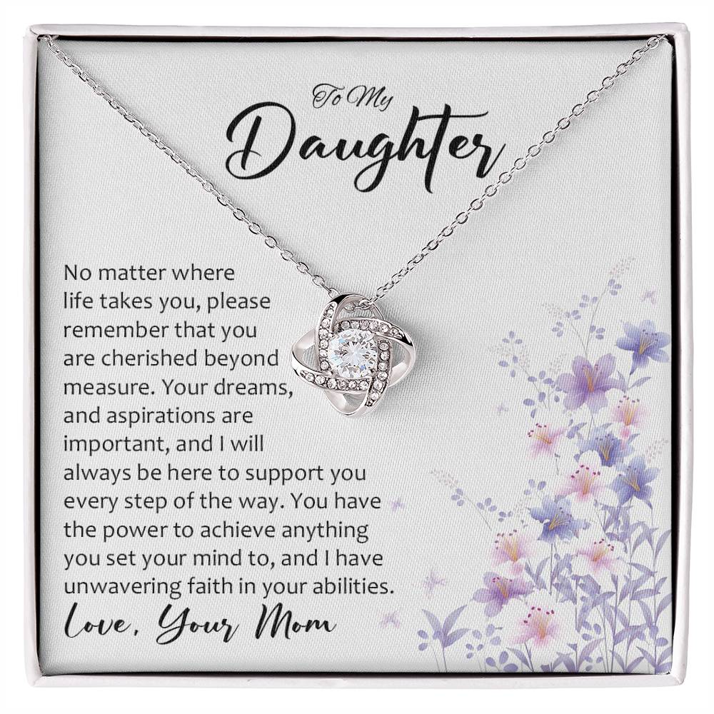 Daughter gift from mom with love knot necklace with special message in two tone box