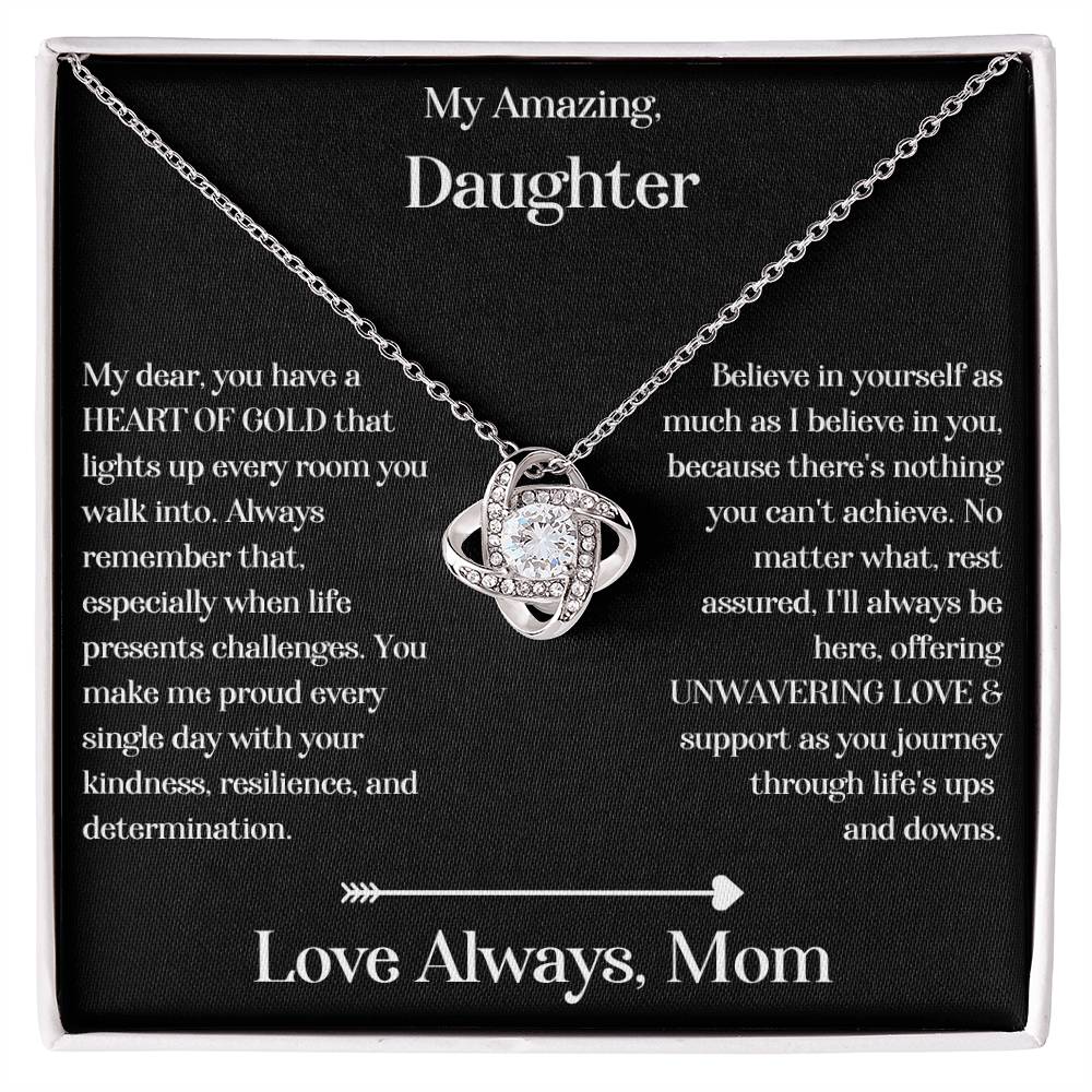 Daughter gift from mom with love knot necklace and special message in standard box