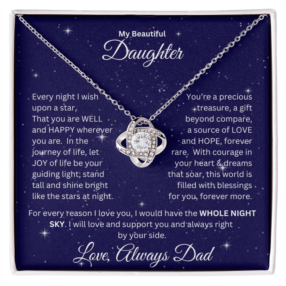 Daughter gift from dad with love knot necklace and special message in a ready to gift standard box