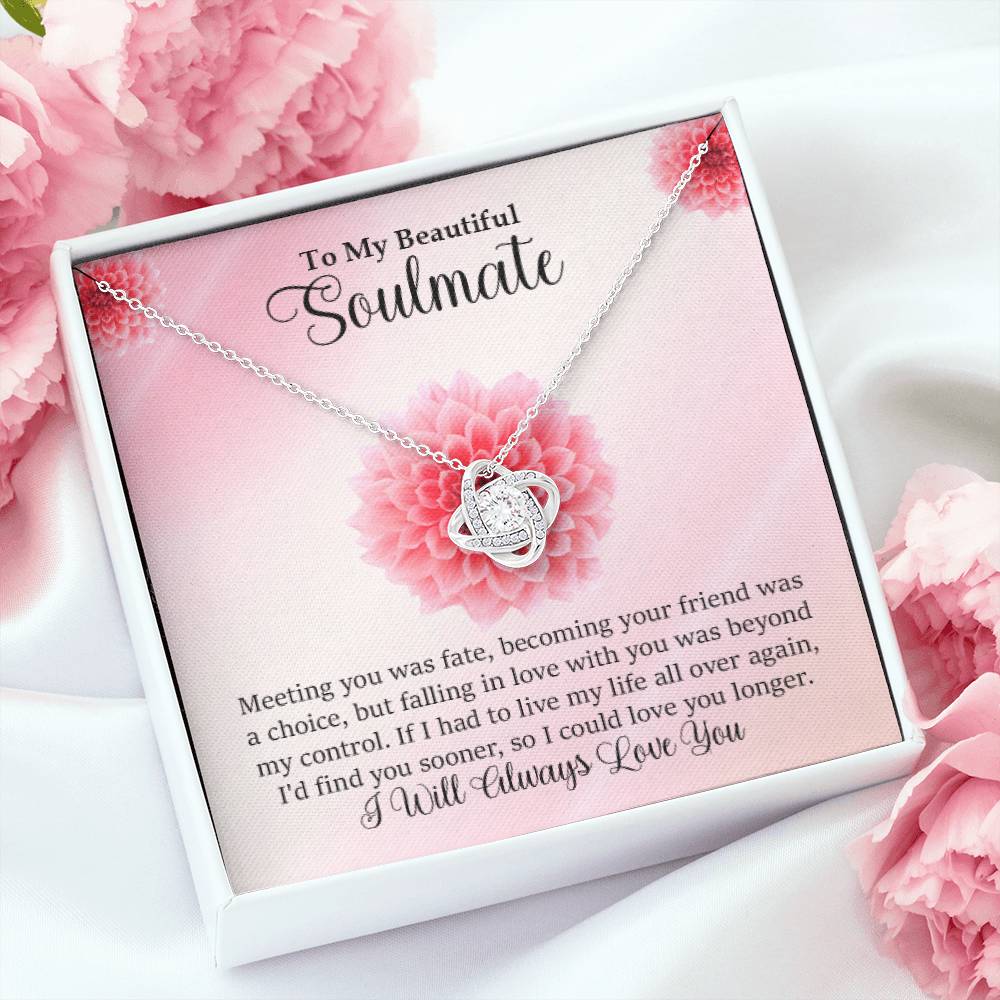 Soulmate Gift - Love Knot Necklace In 14K White Gold Finish With Message Card In Two Tone Box With Pink Flowers In Background